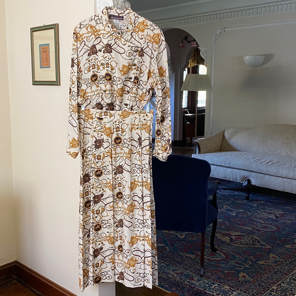 Alexander Campbell 2 pieces Brown & Gold Equestrian Hunt Print Blouse & Skirt 12
